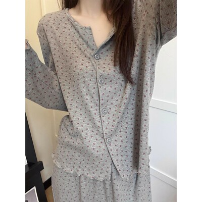 韩版碎花睡衣女春秋季长袖套装感家居服大码可爱外穿跨境