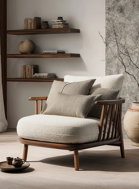 实木侘寂风单人沙发椅阳台客厅房间休闲椅新中式靠背椅酒店接待区