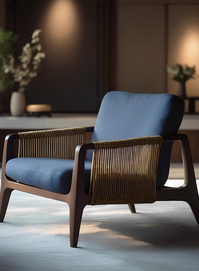 新中式白蜡木休闲椅编制扶手客厅阳台单人沙发椅简约现代实木家具