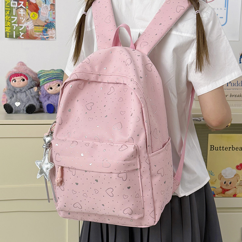 2026夏新款韩系爱心印花双肩包女学生书包大容量可爱粉色背包通勤