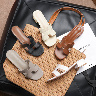 方跟粗跟外出鞋 女夏外穿时尚 拖一字拖网红 高跟凉拖鞋 H型2025夏季