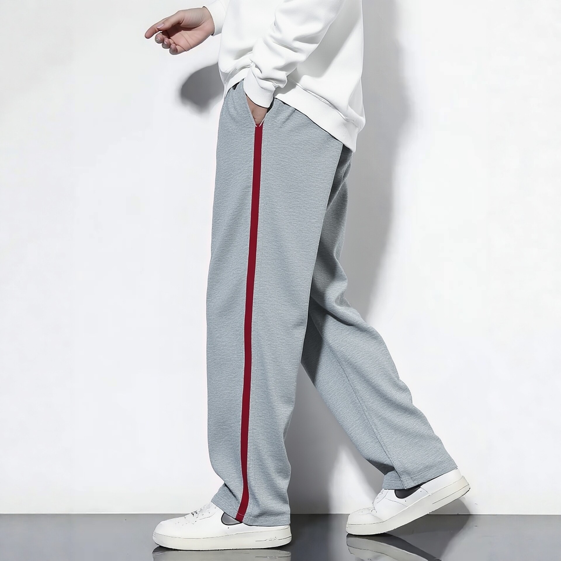 春夏秋季灰色全棉松紧高腰运动裤镶酒红杠条直筒大码男女生长裤子