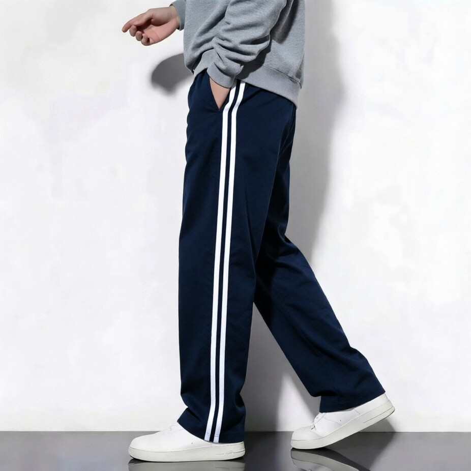 夏款超薄款全棉黑色藏青镶白双杠条长裤校裤同款男女童运动裤透气