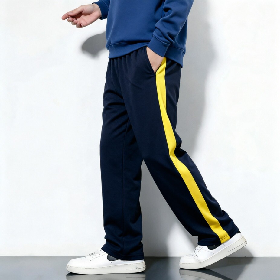 春夏秋季款校服全棉松紧高腰运动裤深藏青长裤子镶黄宽边直筒学生