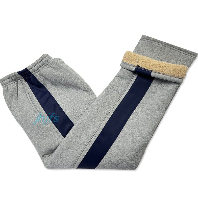 定制羊羔绒加绒加厚浅灰镶藏青边中性百搭高腰宽松运动裤校服裤