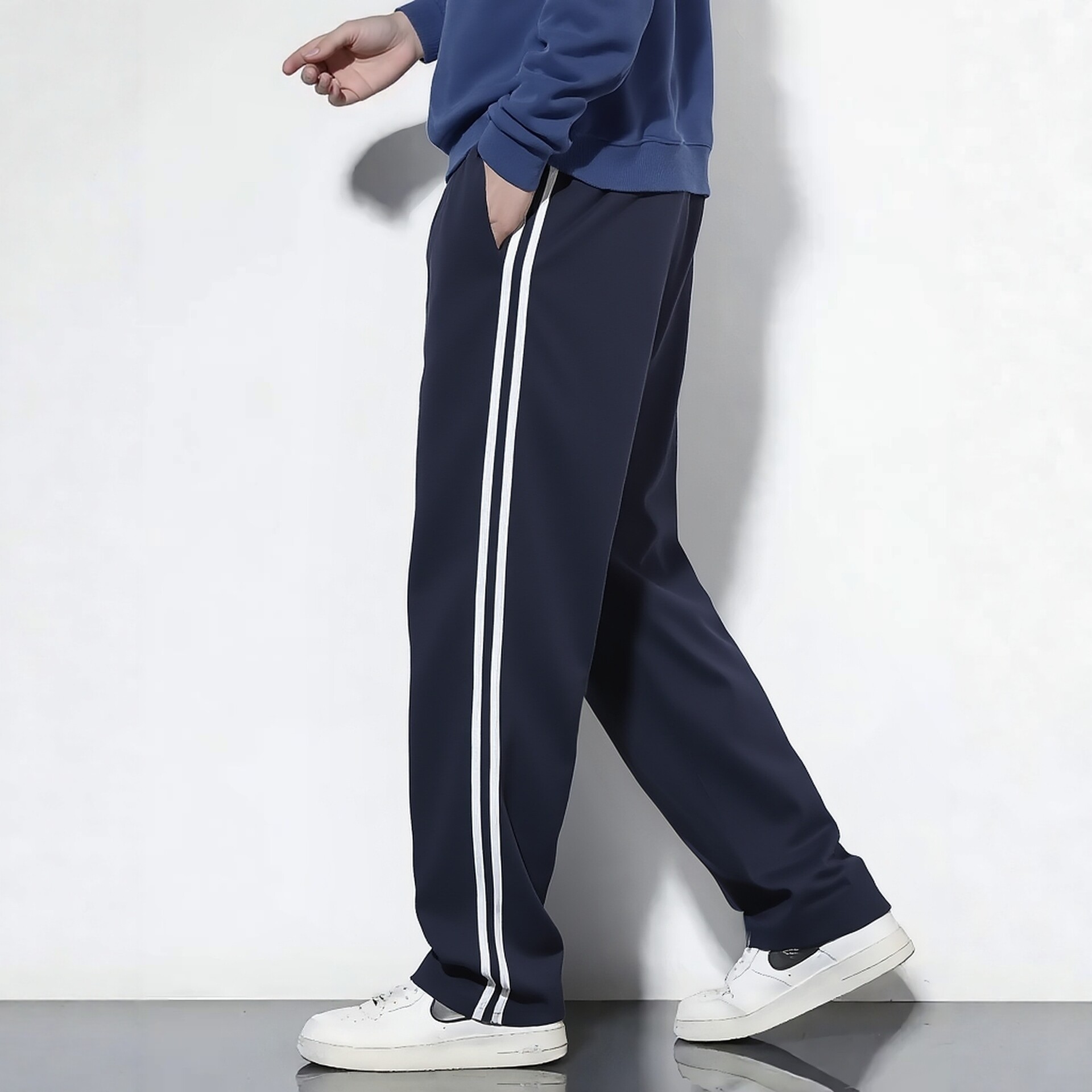 定制全棉春夏秋舒适黑色藏青双白杠直筒运动休闲校服裤男女学生