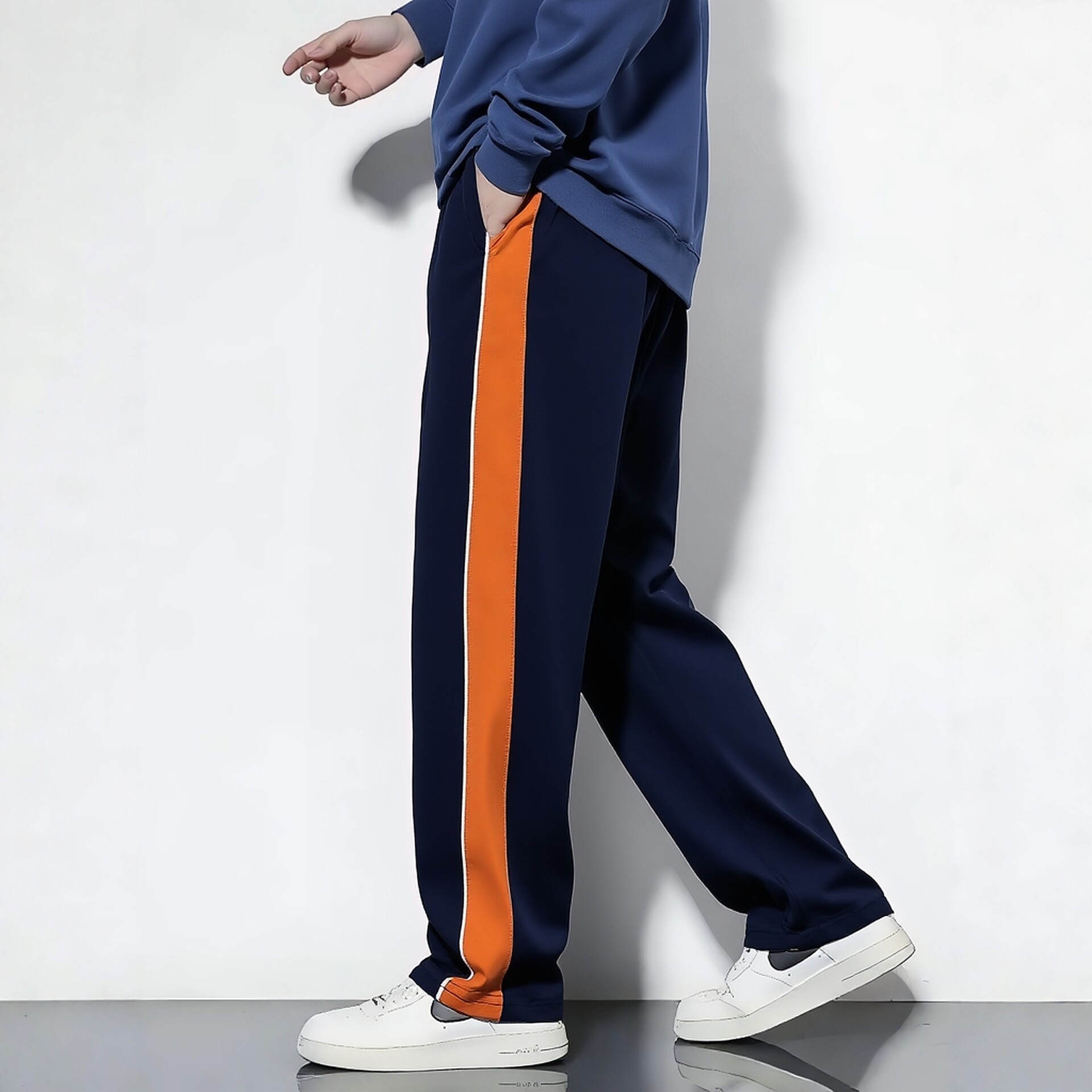 春夏秋深藏青色镶桔黄色宽条白细条杠休闲裤男女童直筒运动裤校裤