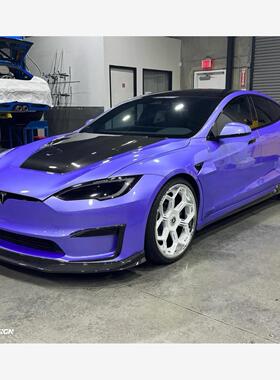 2023款特斯拉Model S改装V款干碳套件前唇侧裙后唇尾翼机盖后视镜