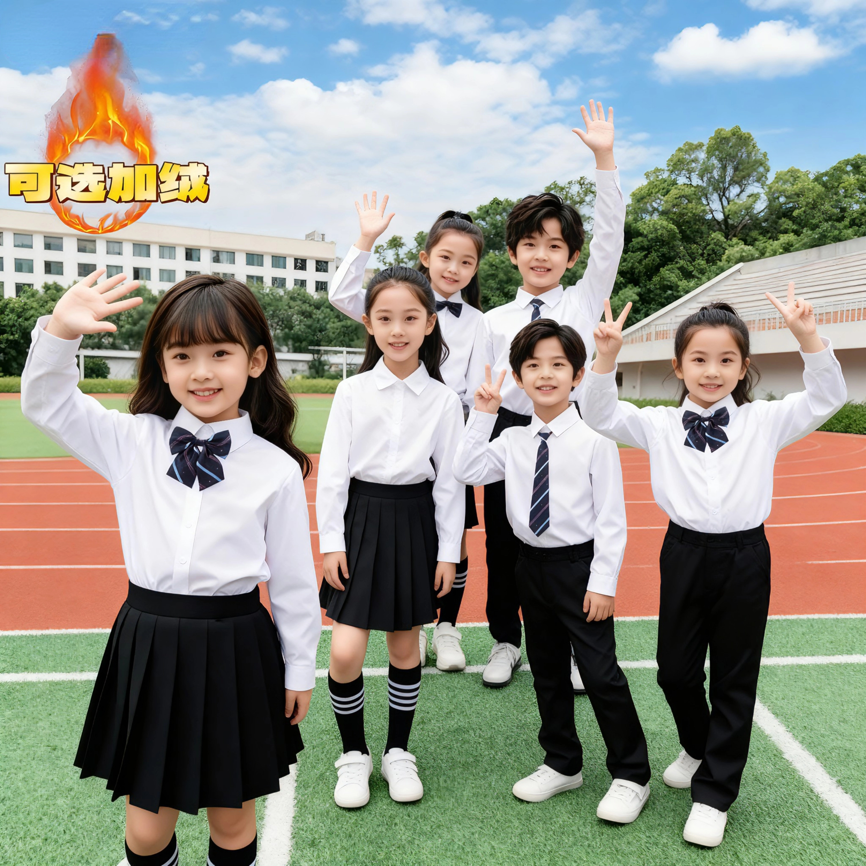 儿童白衬衫加绒长袖男童衬衣黑裤女童表演出服小学生秋冬班服朗诵