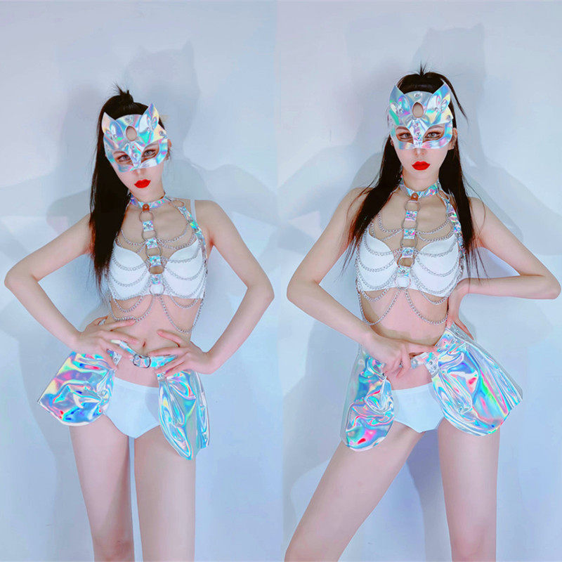 银色镭射腰封裙嘻哈链条套装