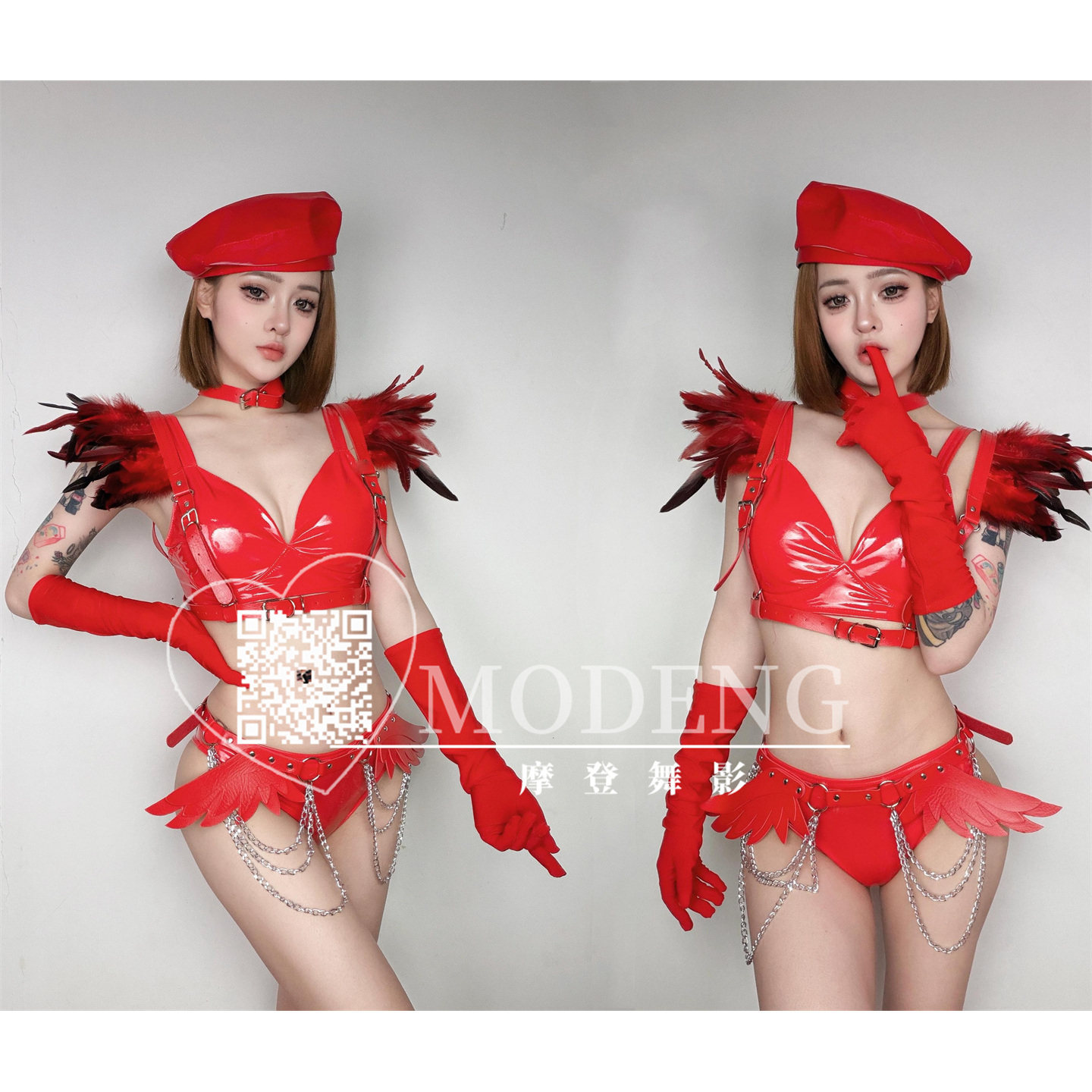 红色漆皮分体DS女团演出套装