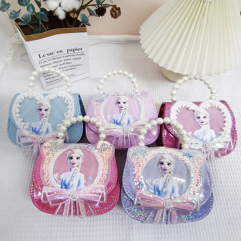 女童包包新款儿童爱莎公主斜挎包小女孩可爱珍珠手提包宝宝零钱包