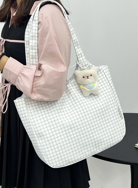 沐里沐气2025大容量帆布包包女新款复古格纹学生休闲单肩包托特包
