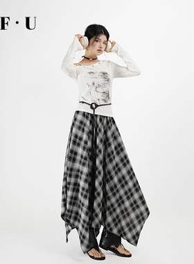 OF U巨好看斜肩露肩长袖上衣中长款不规则格子纹半身裙两件套套装