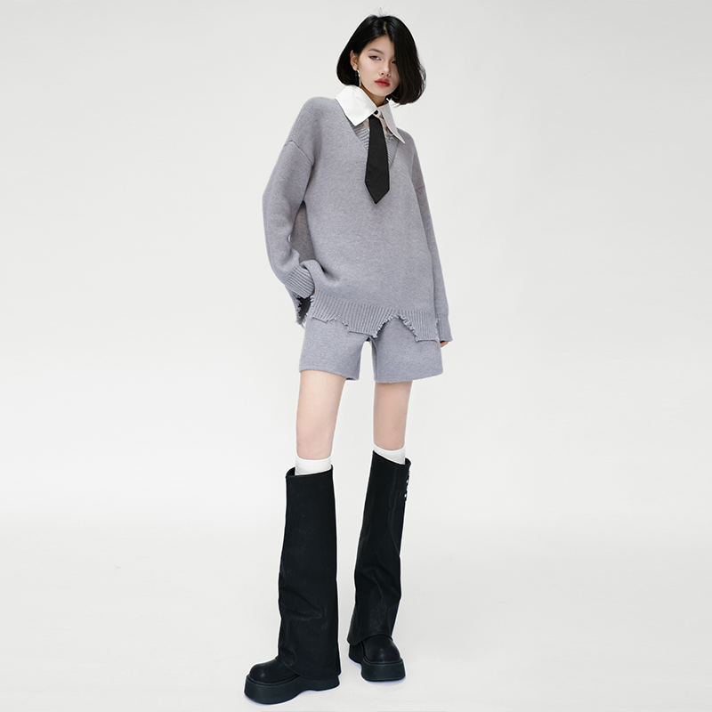 Polo领假两件针织上衣短裤套装女