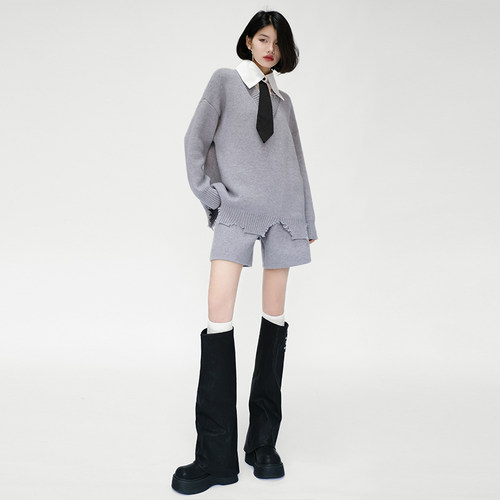 Polo领假两件针织上衣短裤套装女