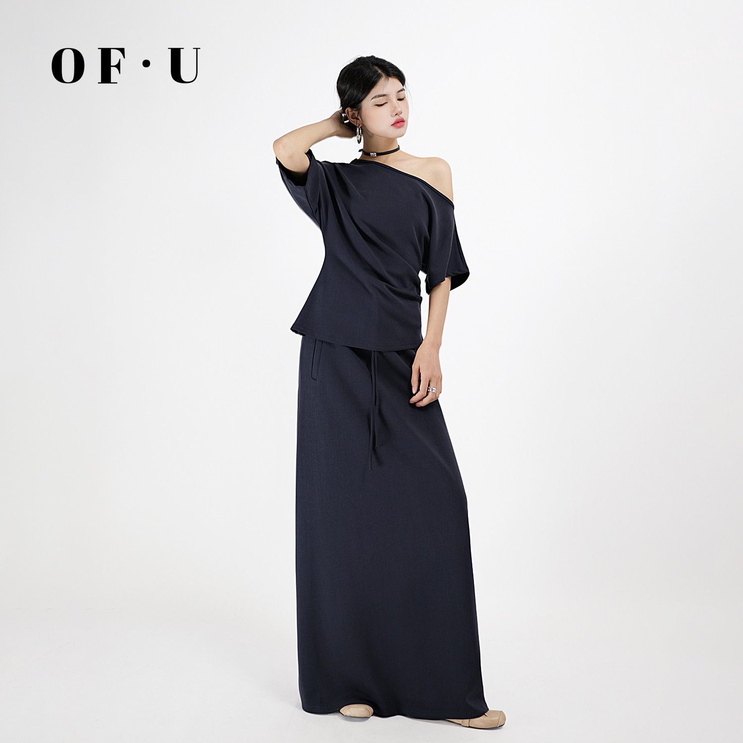 OF U韩版一字肩不规则收腰上衣高腰垂感抽绳半身裙两件套女夏季