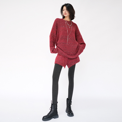 红色毛衣套装女冬针织短裤两件套