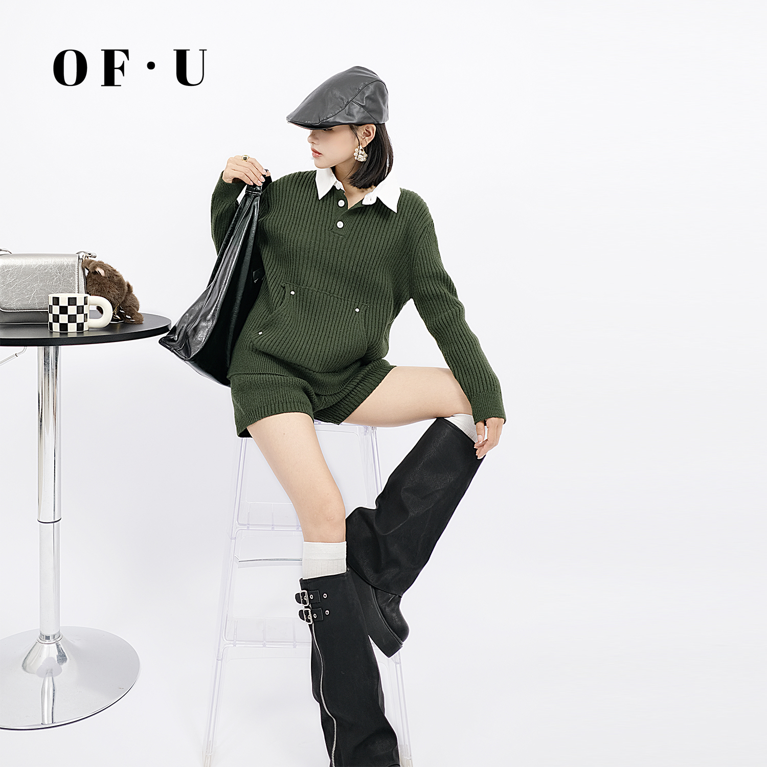 衬衫领大口袋毛衣短裤两件套女