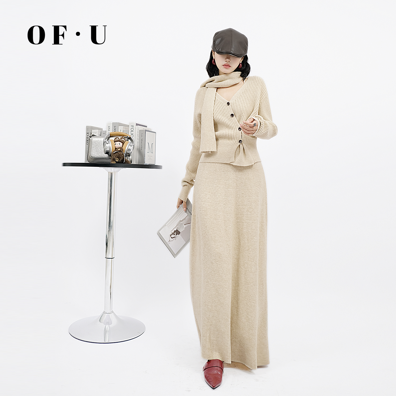 不规则针织开衫围巾半身裙三件套