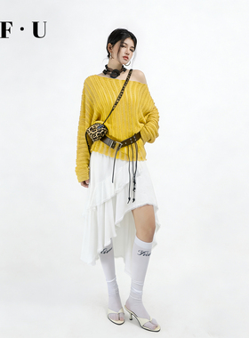 OF U宽松慵懒一字肩薄款针织罩衫女高腰不规则荷叶边半身裙蛋糕裙