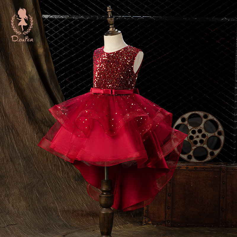 公主裙礼服儿童六一演出服中小学主持人钢琴女童红色燕尾裙蓬蓬纱