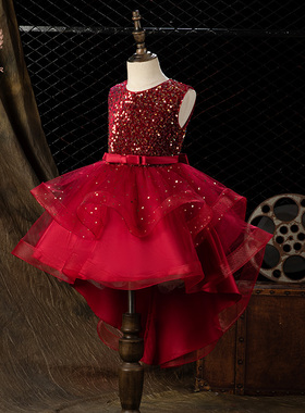 公主裙礼服儿童六一演出服中小学主持人钢琴女童红色燕尾裙蓬蓬纱