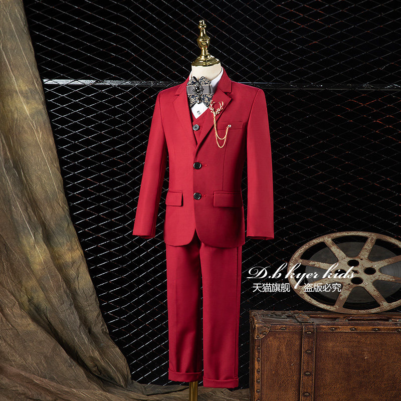 男童西装套装2025新款儿童红色主持人演出服帅气钢琴花童礼服西服