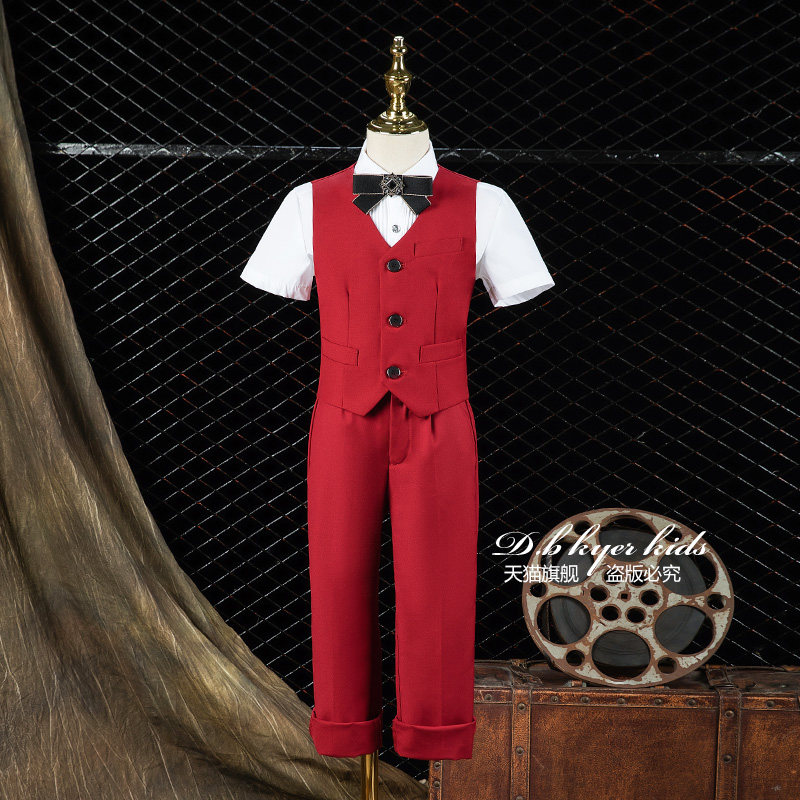 儿童西服套装男童大合唱礼服朗诵男孩西装花童红色小主持人表演服