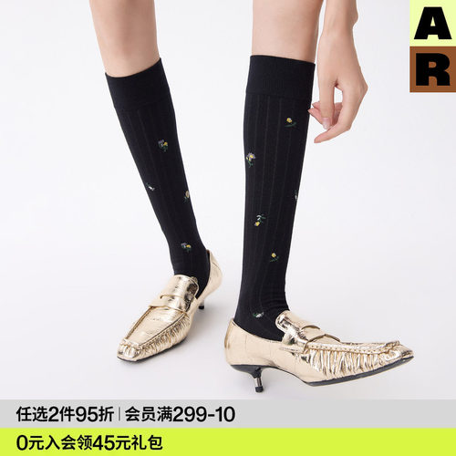 AR小腿袜黑色复古刺绣花堆堆袜jk长筒袜显瘦高筒长袜子女款miu系