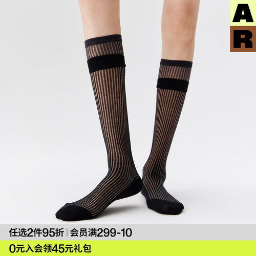 AR小腿袜子女款春夏季轻薄透气长筒水晶玻璃丝袜双罗口黑色堆堆袜