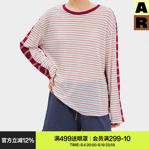AR双子条纹宽松网纱罩衫薄纱红色上衣t恤女春夏季休闲风圆领长袖
