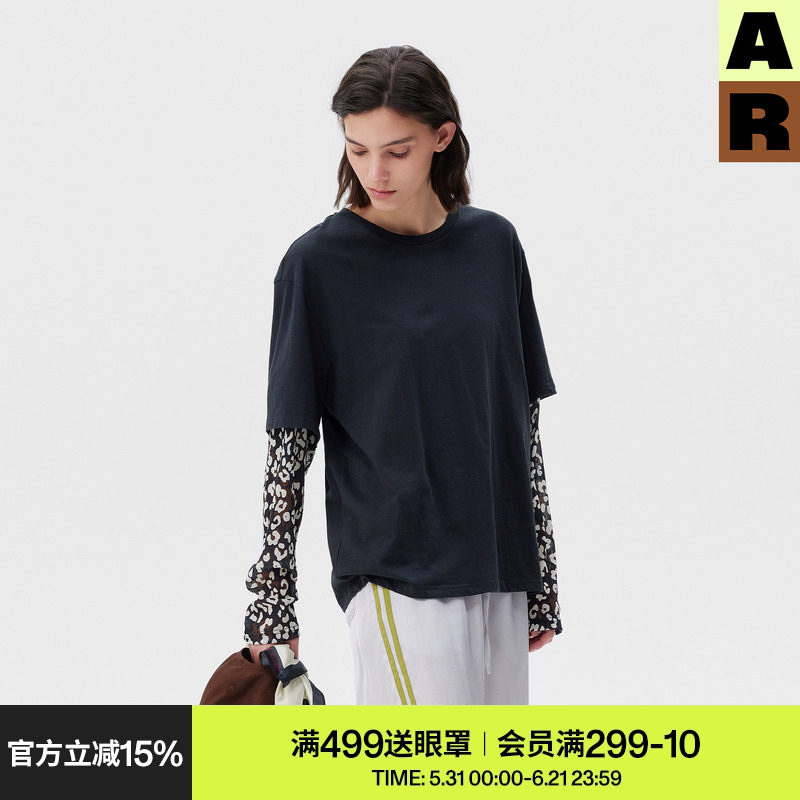 【doudou推荐】AR拼接网纱长袖T恤上衣女装夏季假两件黑色打底衫