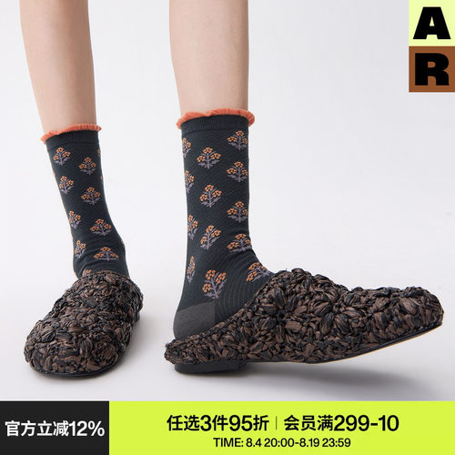 AR袜子女款斜纹花朵中筒袜撞色卷边无骨袜舒适百搭堆堆袜设计感