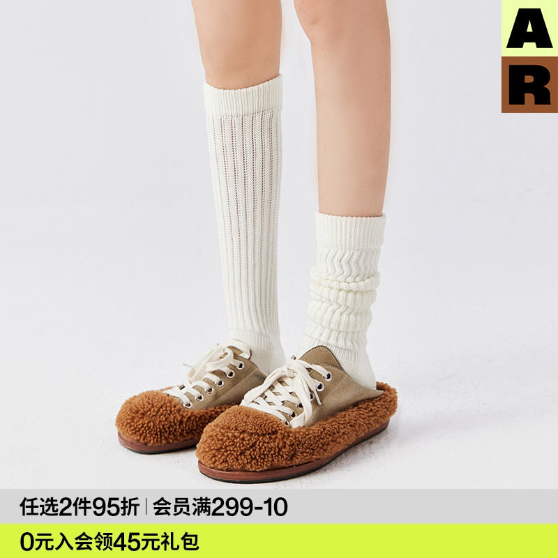 AR纯棉小腿袜女秋冬季保暖中筒袜美腿显瘦芭蕾风白色长筒堆堆袜JK