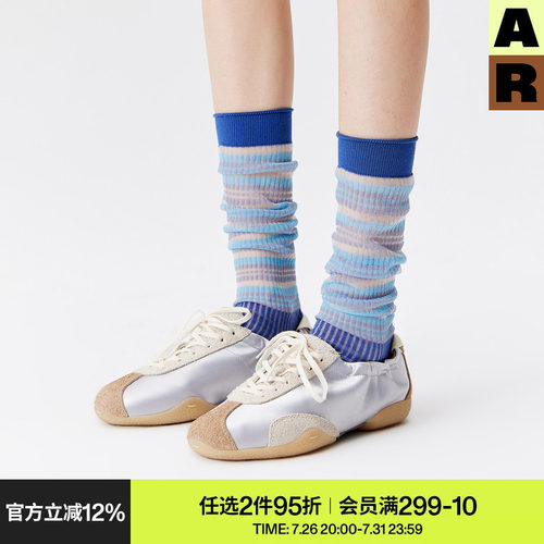 AR堆堆袜子女款春夏季薄款蓝色玻璃丝袜条纹小腿袜水晶丝袜miu系