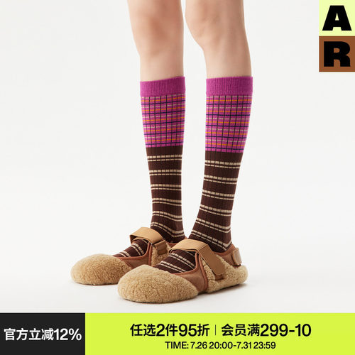 AR条纹小腿袜子女款春秋季堆堆袜彩色复古高筒显瘦美腿秋冬长筒袜