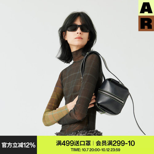 AlmondRocks视错觉拼色网纱印花显打底衫上衣内搭女长袖格纹早秋