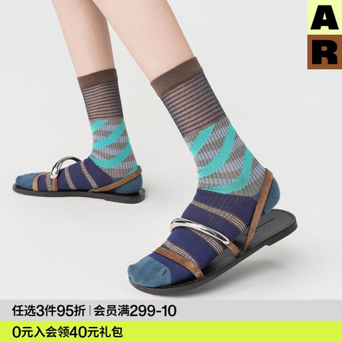 AR斜彩条纹袜子夏季薄款女款撞色中筒袜舒适透气堆堆袜艺术生袜