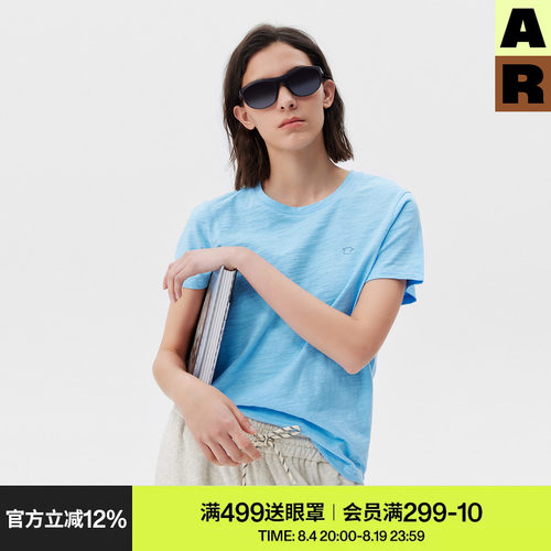 AR「softnotes」竹节棉短袖女装纯棉t恤夏季纯色圆领宽松上衣小众