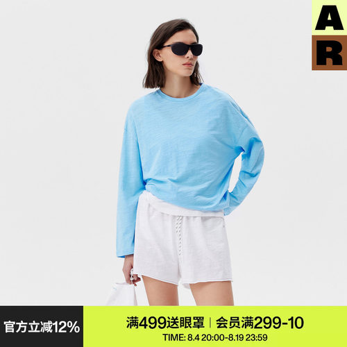 AR「softnotes」纯色竹节棉家居服可外穿长袖t恤上衣女装夏季宽松