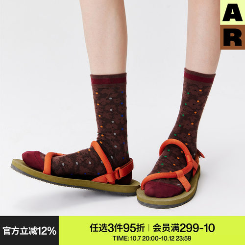 AR袜子女款春夏季薄款棕色花朵波点中筒袜百搭显瘦堆堆袜艺术生袜