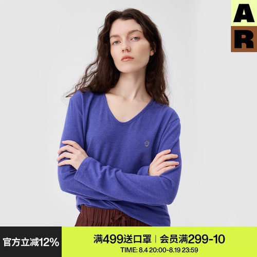 AR「soft notes」棉莫代尔v领长袖t恤休闲宽松蓝色设计感上衣女装