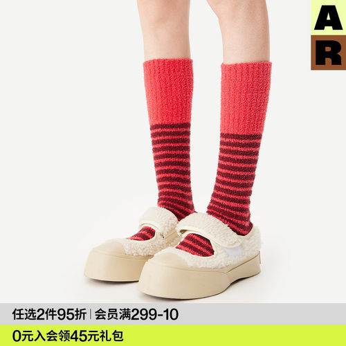 AR小腿袜女半边绒条纹秋冬季红色袜子中筒袜保暖加厚长筒袜堆堆袜