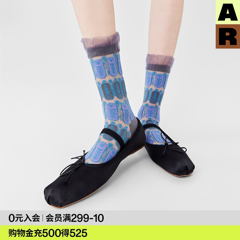 AR袜子女款中筒袜春夏季薄复古百搭蓝色花边罗口亮光卡丝袜芭蕾风