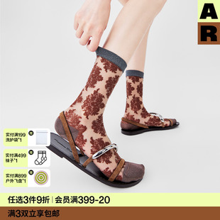 亮光玻璃丝袜中筒袜 任选3双9折 AR袜子女复古蕾丝水晶袜夏薄款