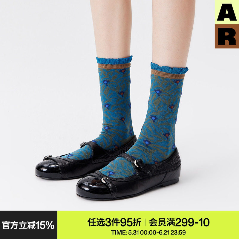 AR袜子女款春夏季薄款蒲公英提花亮光丝袜蓝色中筒袜复古风设计感
