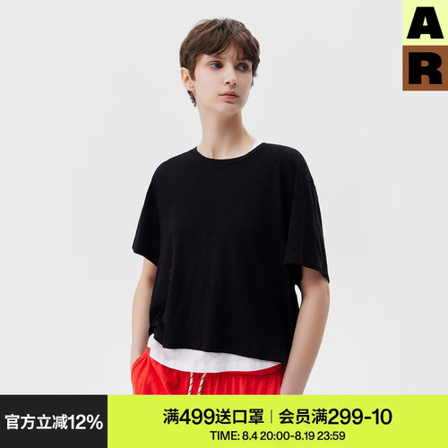 AR「softnotes」竹节纱短袖t恤黑色上衣女装夏季家居服宽松慵懒风