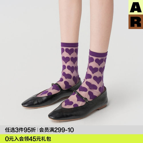 AR袜子夏薄款女款爱心印花撞色中筒袜复古玛丽珍袜水晶丝袜堆堆袜
