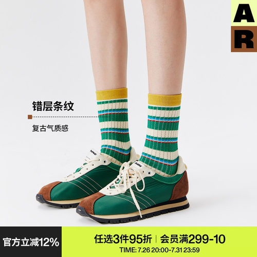 AR袜子女薄款网眼复古渐变条纹中筒袜百搭显瘦长筒堆堆袜艺术生袜